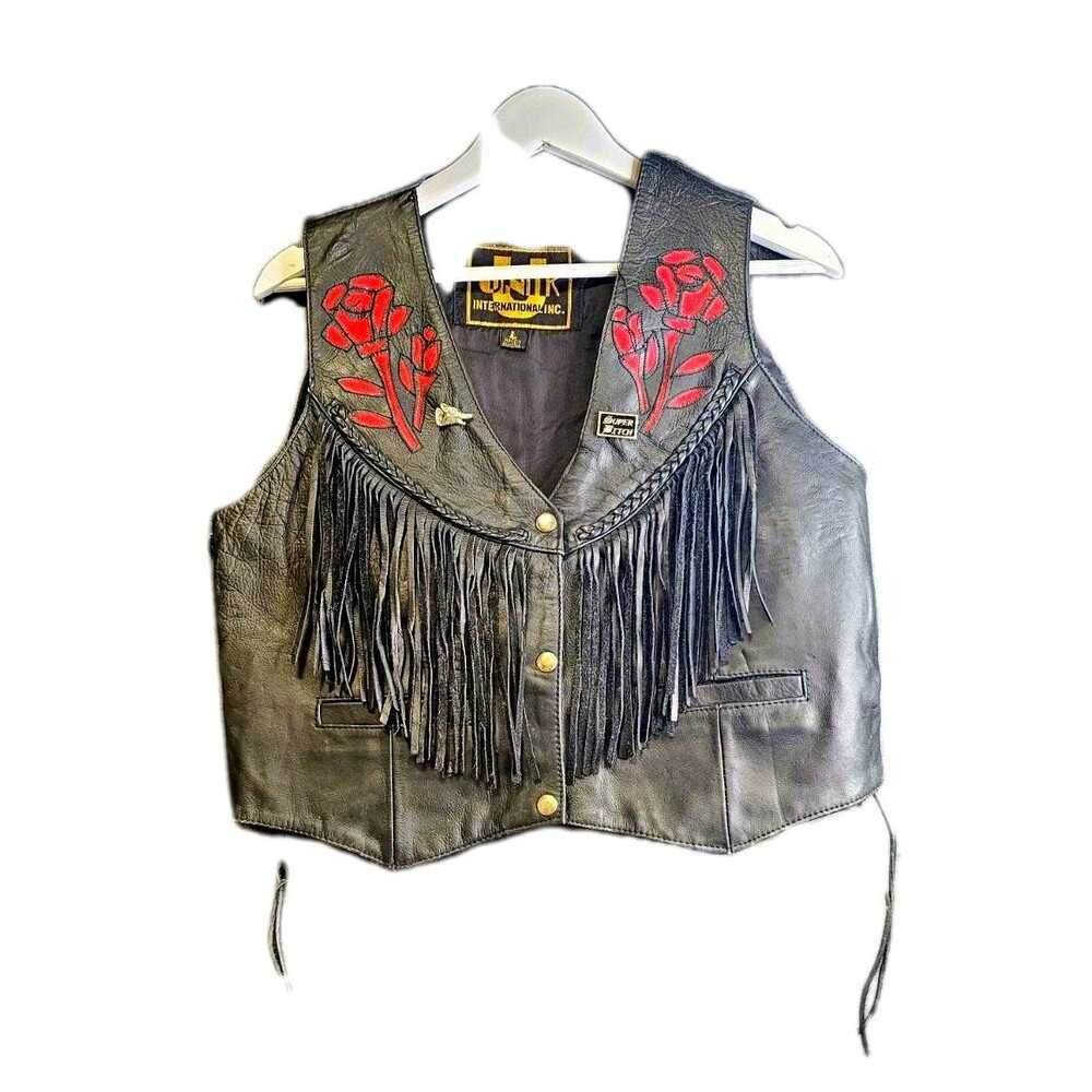 Vintage Unik Leather Fringe Vest Roses Lace Up Motorcycle Western Goth Y2K L